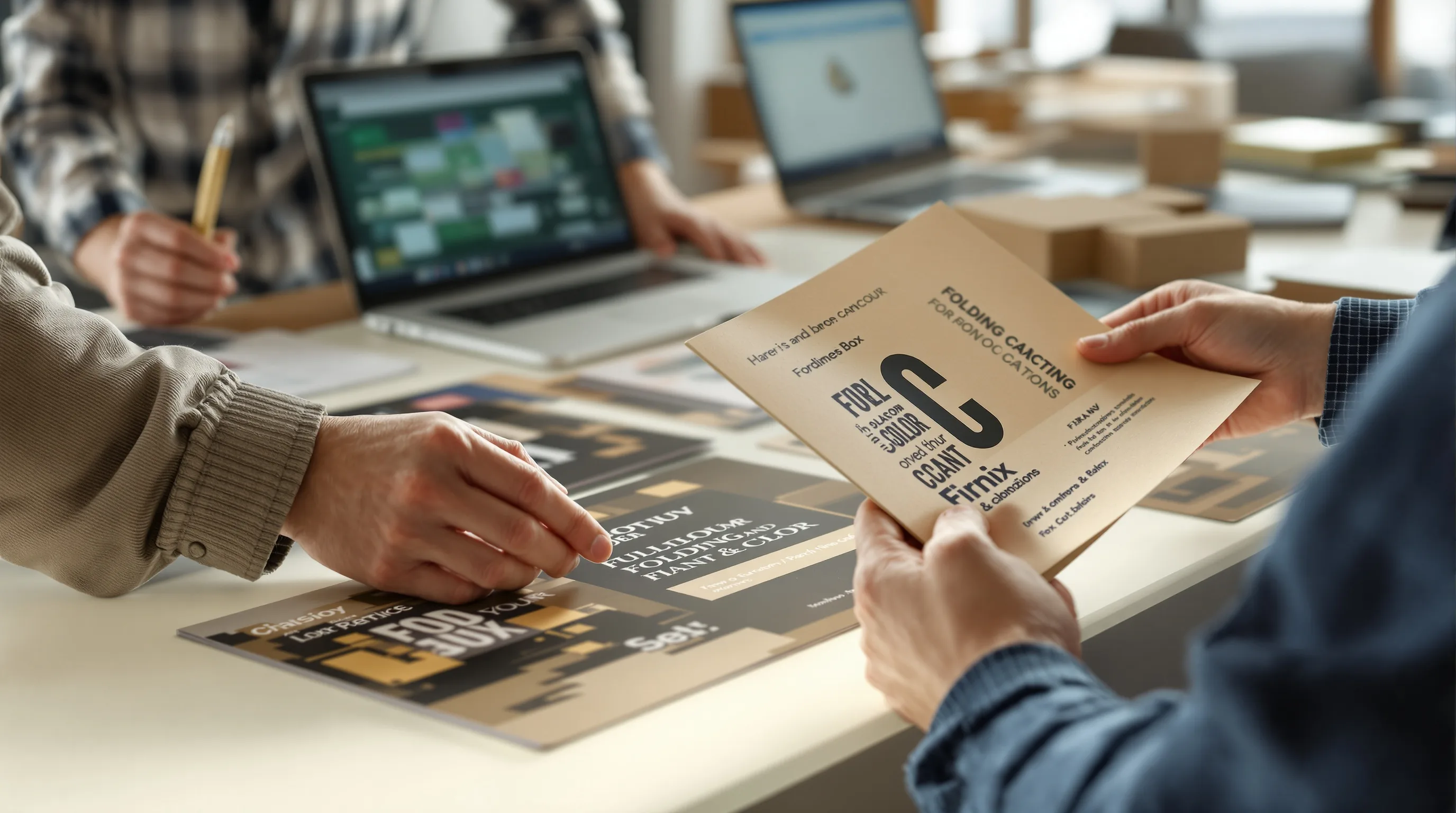 reunión B2B con proveedor de empaques — revisión de muestras de cajas plegadizas y catálogo de cartulinas en Colprinter