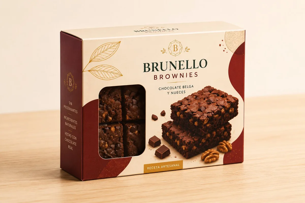 Caja plegadiza de cartulina para brownies con ventana frontal y diseño impreso a color de estilo gourmet.