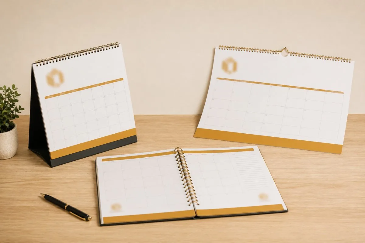 Calendarios corporativos personalizados de escritorio, programador y pared para empresas, ideales para branding y promoción.