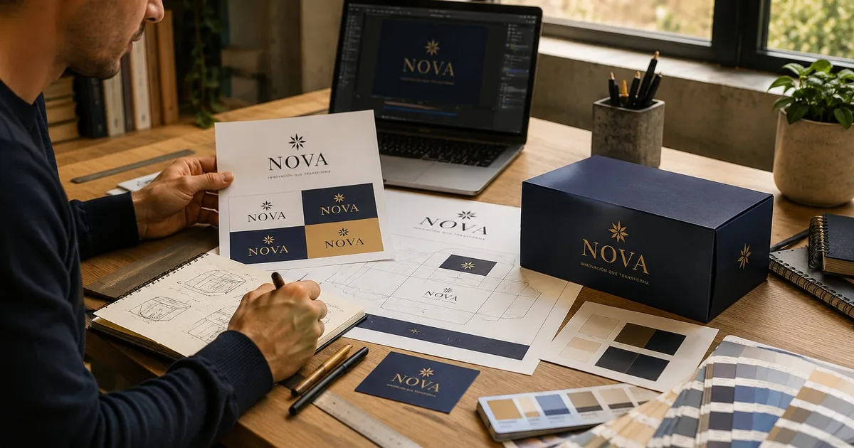 Diseño de identidad de marca y empaque personalizado con prototipo físico, muestras de color y aplicaciones gráficas.