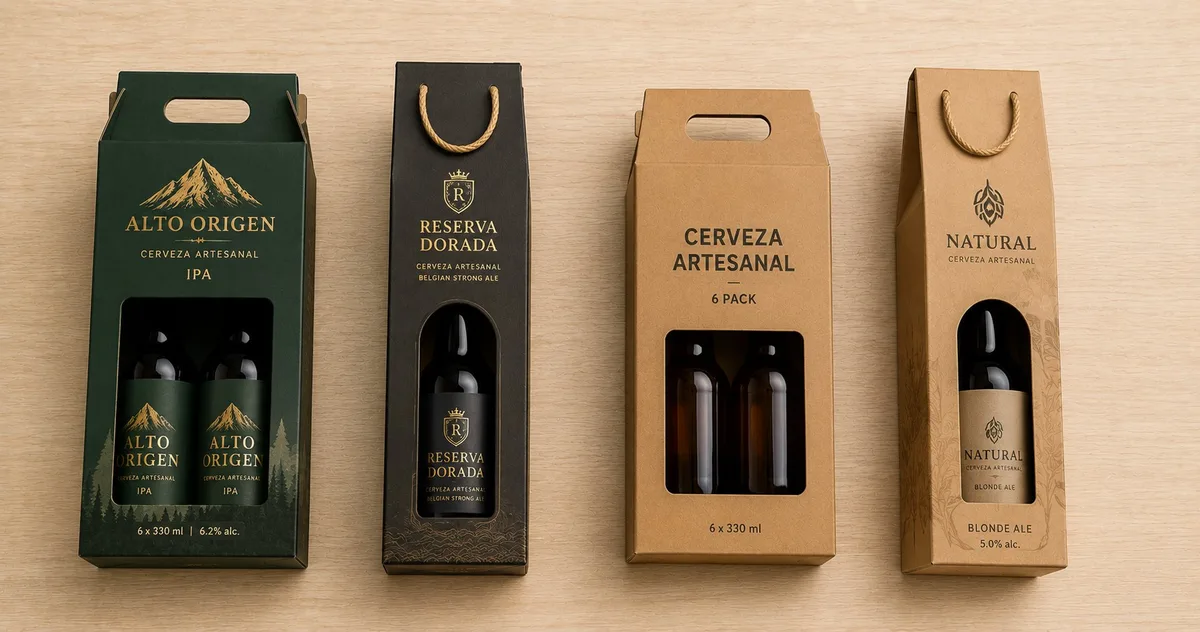 Empaques personalizados para bebidas con ventanilla en cartón microcorrugado, ideales para exhibición, transporte y presentación de marca.