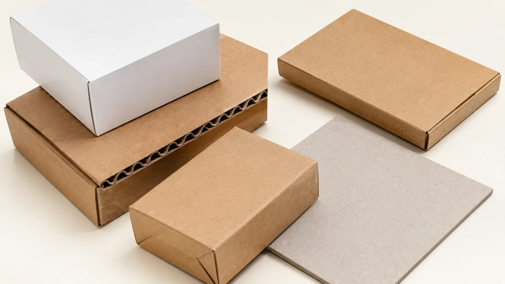 Cajas de cartón corrugado apiladas: blancas, kraft y grises para transporte y e-commerce