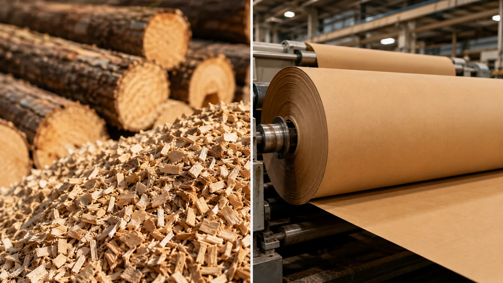 Proceso de fabricación del papel kraft: astillado de madera y bobinas en planta industrial
