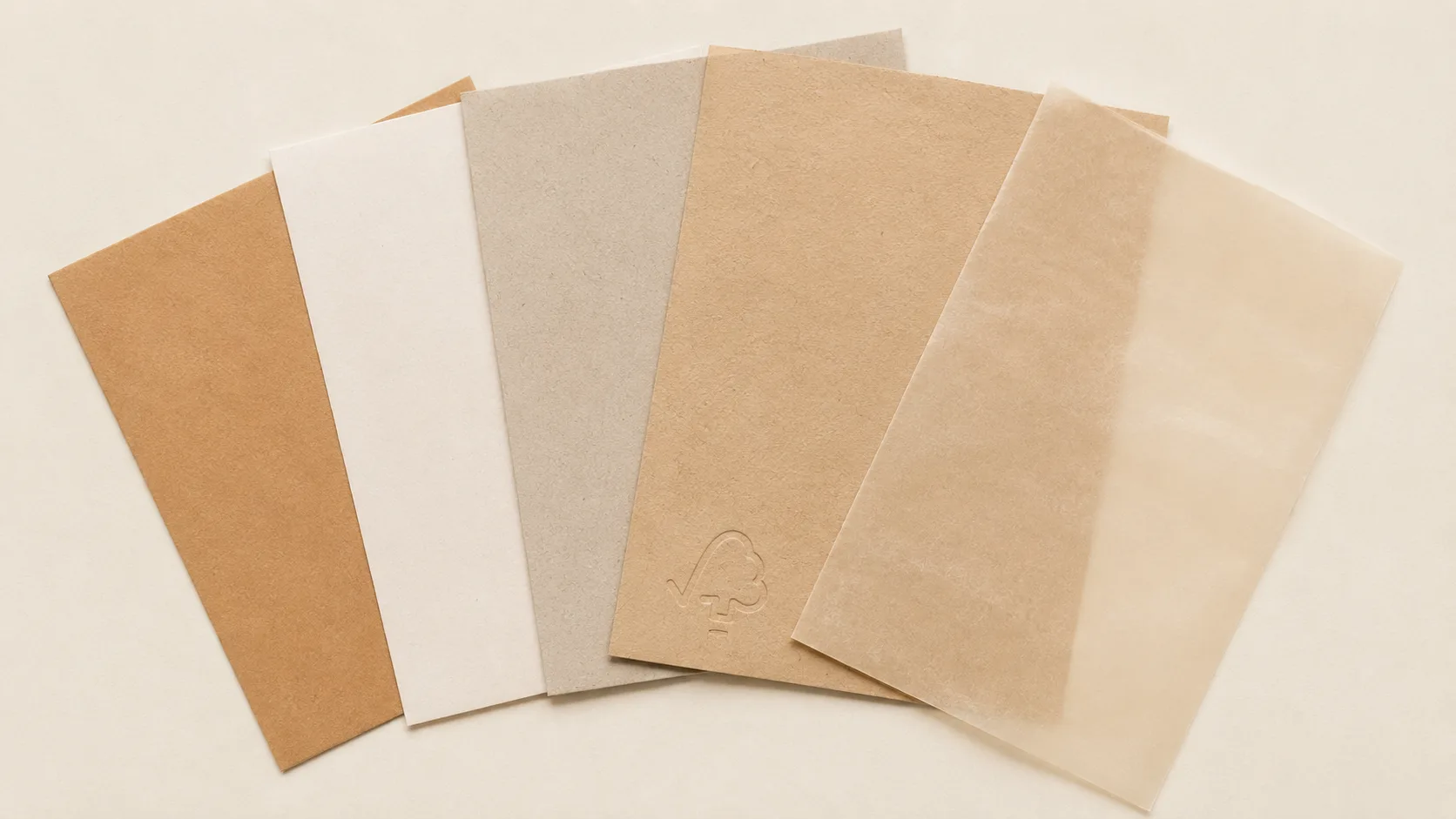 Tipos de papel kraft: natural marrón, blanco, reciclado gris y kraft tissue abanicados