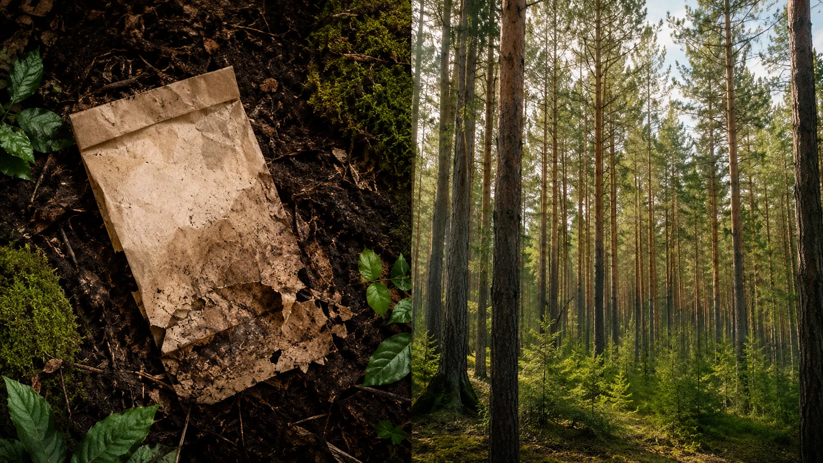 Papel kraft biodegradable descomponiéndose en la tierra junto a bosque certificado FSC